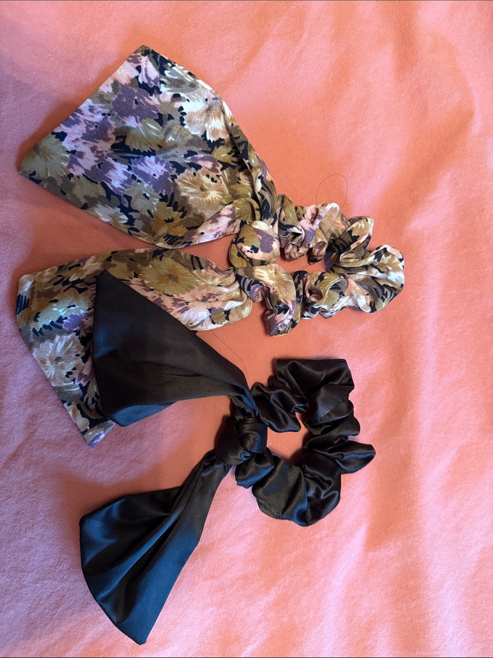 Korean Floral & Black Satin Bow Scrunchie Set - Women Accessories